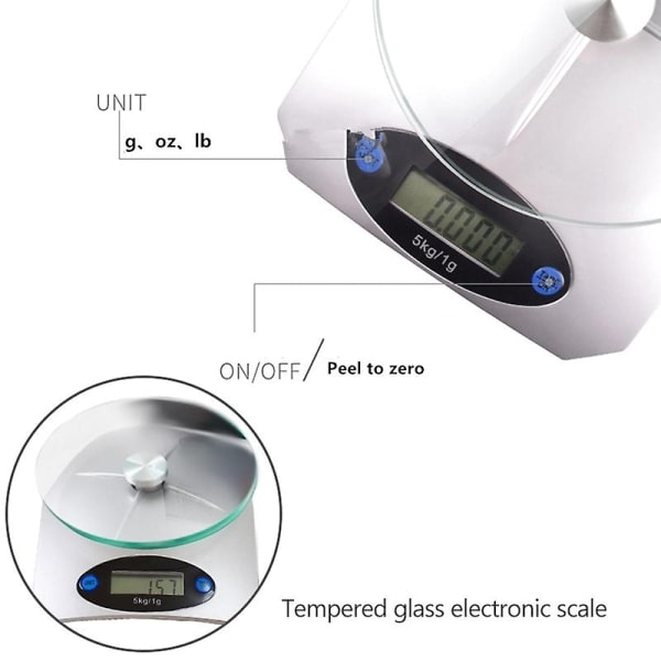 XJ-Kjøkkenvekt, 5 kg (0,1 g nøyaktig) elektronisk vekt, praktisk veiefunksjon husholdningsvekt, batteri, LCD-display, tarafunksjon, st-funksjon