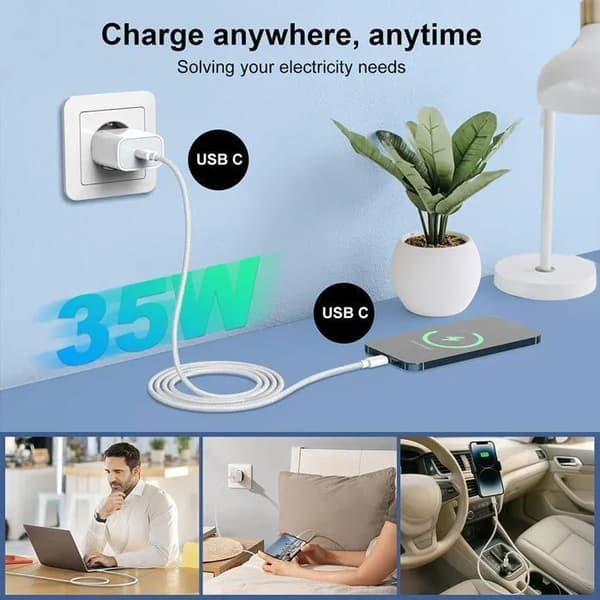 Hurtigoplader 35W - E.F.Connection - USB-C - Kabel 2M - Kompatibel med iPhone 17, 17 Pro, Pro Max, 16, 15 Vit