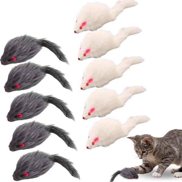 Katte-legetøjsmus sæt med 10 store, bløde, plysjagtlegetøj til katte og killinger 17 cm hvid og grå