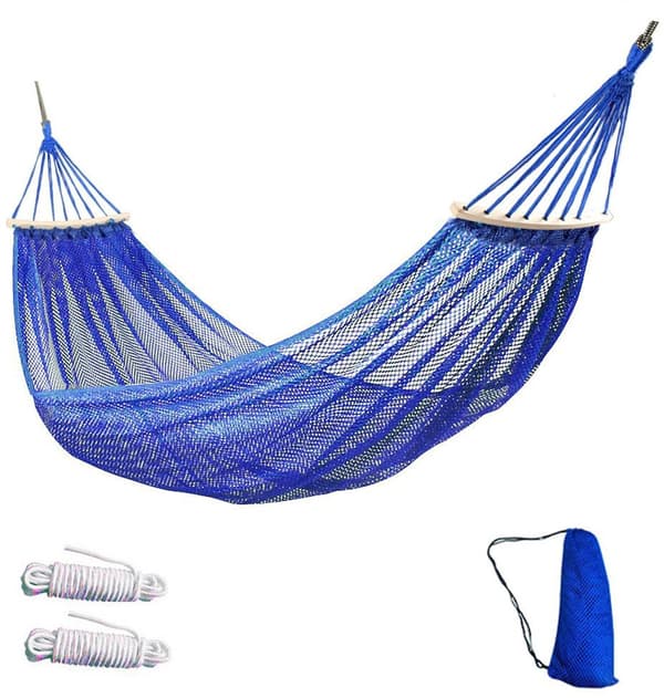 Enkelpersons nät-hängmatta, andningsbar polyester, rivtålig, för camping, trädgård och uteplats, blå, 255 x 130 cm