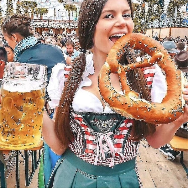 Ny dam Dirndl - Traditionell bayersk klänning för kvinnor, ölflicka-klänning, blus och förkläde, Röd S