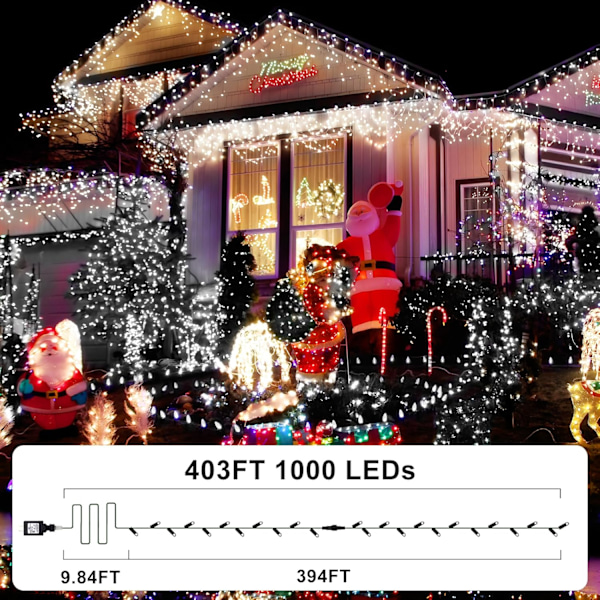 XJ-403ft 1000 LED Lyslenke Utendørs Julebelysning 8 Moduser & Timer Kald Hvit