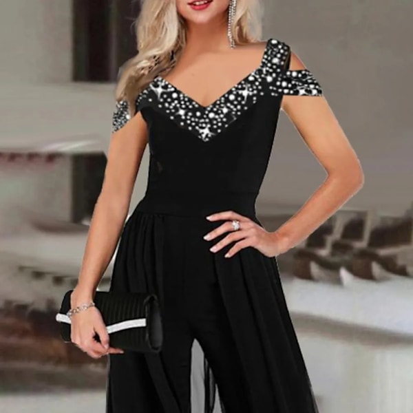 Dame Jumpsuits Elegant Dame Wide Leg Jumpsuit med V-hals Mesh Patchwork for Fester Arbeid eller Ball Dame Party Jumpsuit