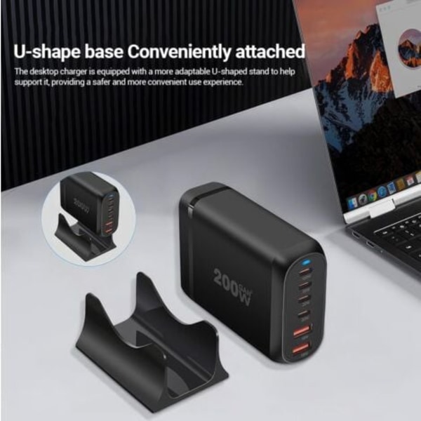 USB C Laddare, 200W 6-Portars Snabb USB C Laddningsstation med 4 x USB-C + 2 x USB-A, Portabel Multiport Laddningsvägg Hub för iPhone 16 15 14 13 12 iPa