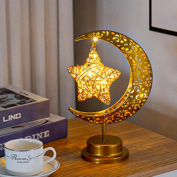 Ramadan bordlampe med halvmåne, blank metall, stjernelampe, månelampe, batteridrevet, dekorativ Eid-lampe, nattlampe, måneskinn for b Moon rattan star...