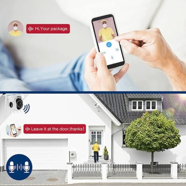 Utomhuskamera för säkerhet - Trådlös WiFi-kamera för hemsäkerhetssystem med 360° vy, rörelsedetektering, automatisk spårning, tvåvägskommunikation, 1080P mörkerseende