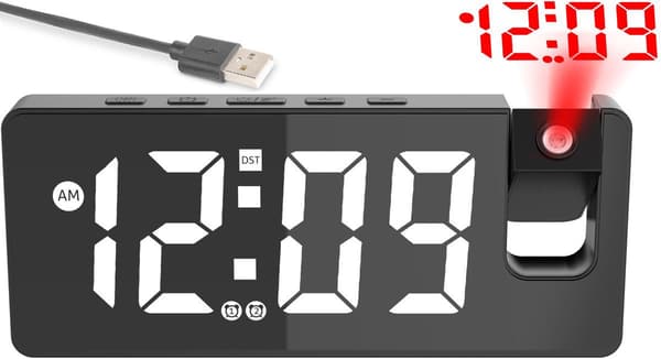Digital projektionsväckarklocka med stor LED-display, dubbla larm, snooze och 180° projektor för sovrum, svart