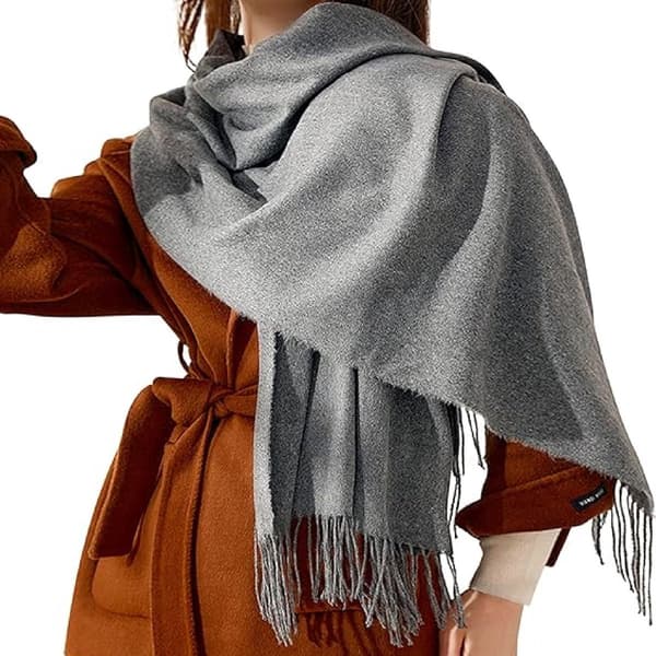 Vinterhalstørkle for kvinner, myk imitasjon av kashmirpolyester, varmt frynset sjal for høst og vinter, lysegrå, 70 x 200 cm Light grey