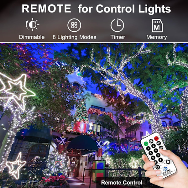 XJ-403ft 1000 LED Lyslenke Utendørs Julebelysning 8 Moduser & Timer Kald Hvit