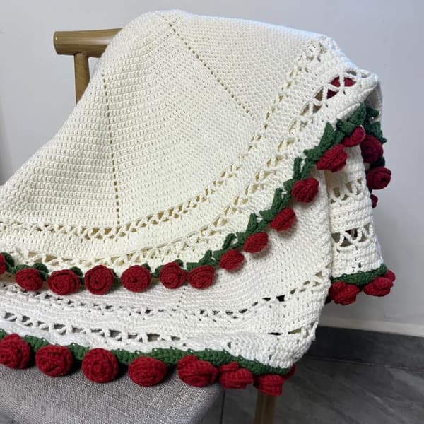 Rosenbuket Tæppe Håndstrikket Blødt Åndbart Plaid til Sofa Seng Stol Valentinsgave til Kvinder Rød 80 cm