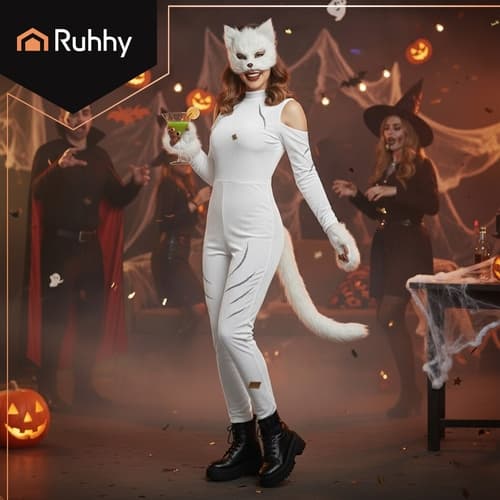 Cat Mask with Paws and Adjustable Tail – 4 Pieces Vit white