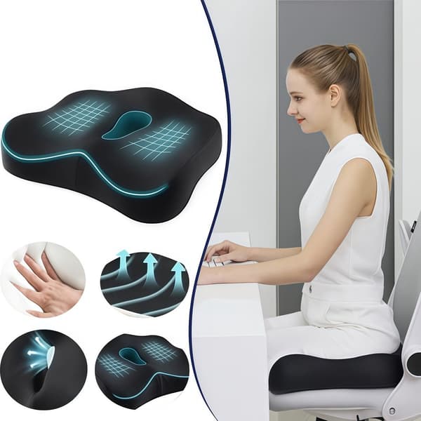 Halebop Coccyx sædehynde, memoryskum, ergonomisk U-formet design, åndbart sort mesh, til kontor, bil og hjem, 44 x 39 x 10 cm