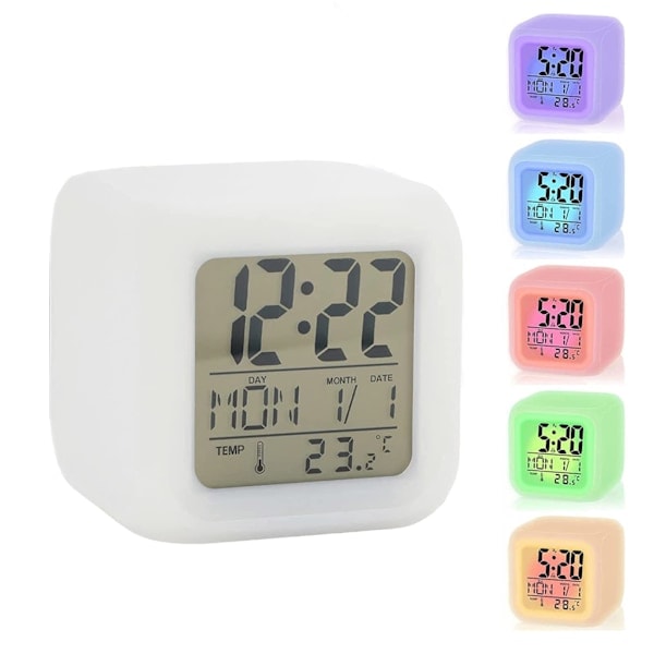 LED Väckarklocka Sängbord 7 Färger Display Digital Klocka Barn Väckarklocka med Snooze Nattlampa Temperatur Tid Datum