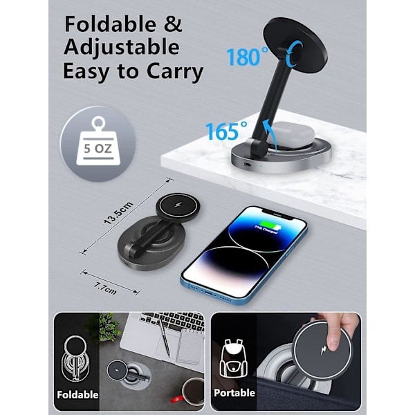 Magnetisk trådløs opladningsstander til Magsafe-oplader, sammenklappelig 15W hurtig trådløs opladningsstation til iPhone 14/13/12