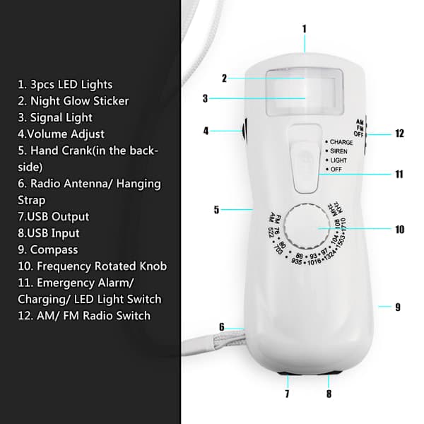Portable Emergency Power Source with Hand Crank Generator, AM/FM Radio, Flashlight and Compass