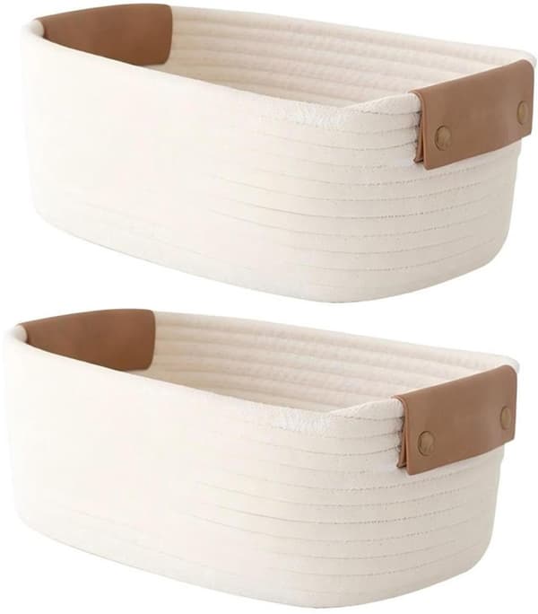 2-pack vävda förvaringskorgar, bomullsrep med läderhandtag, organiserare för badrum, sovrum, beige, 28 x 17 x 11 cm