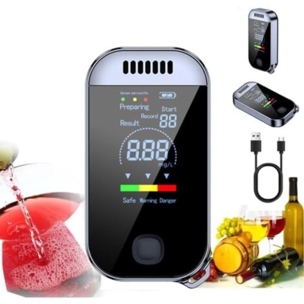 Alkoholtester med farve LED digital display og USB-opladning til personlig brug Halvleder sensor med alarm Sort