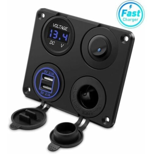 Sigarettenneruttak, dobbel USB-port 4.2A, DC 12V-uttak, bryter og LED voltmeterdisplay Vanntett billader strømuttak for bil