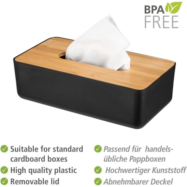 Servietboks, til kosmetiske servietter eller lommetørklæder i standardbokse, plastik, bambuslåg, nem fjernelse, 24,5 x 9 x 12,5 cm, sort/natur