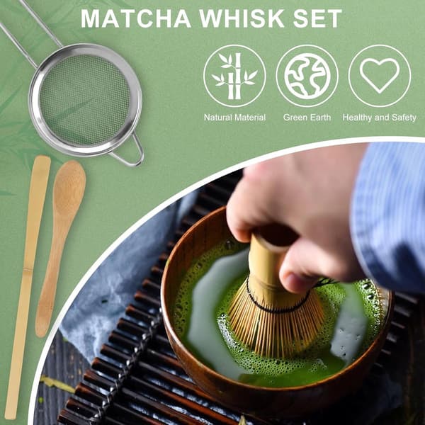 Bambus Matcha Piskeris Sæt, Håndlavet Chasen Med Teske, Teske Og Tesigte, Til Matcha Tilberedning, 11 cm, 4-Dele
