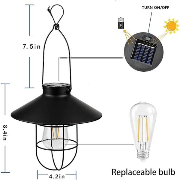 Solcellelykt Utendørs Hengende Lys Metall Solcellelampe Med Varm Hvit Edison Pære Design For Hage Gård Terrasse Veranda Dekor