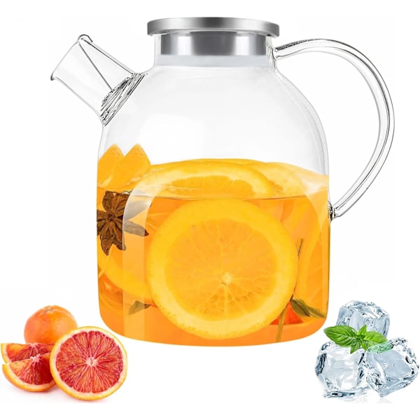 XJ-1,8 liters borosilikatglasskanne med lokk og håndtak i rustfritt stål, glasskanne, klar og holdbar, for iste, varmt vann, juice, vin, melk, kaffe
