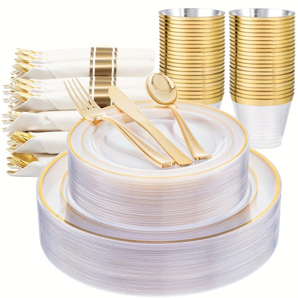 XJ 7-delars set (70 delar) genomskinliga guldplasttallrikar - Guldplastbestickset (YJD)