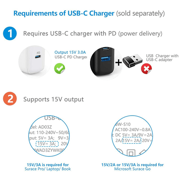 XJ-2x Ladekabel for Surface Connect til USB C, kompatibelt med Surface Pro 3/4/5/6/7, Surface Laptop