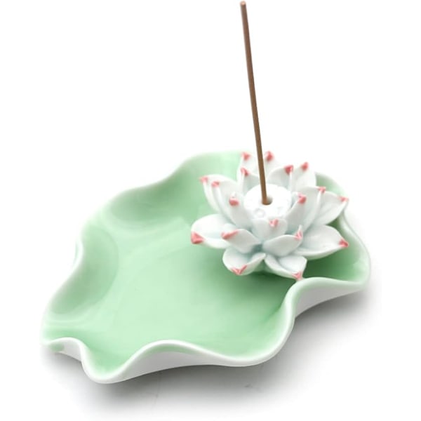 XJ-Røgelsesholder Keramik Håndlavet Kunstnerisk Røgelsesholder Brænder Stick Spiral Lotus Askefanger Buddhistisk Åkande Plade (Grøn)