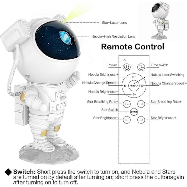 Astronaut Galaxy Projektor Stjernehimmel Nattlampe, Astronaut Stjerneprojektor med Nebulosa, Timer og Fjernkontroll, Stjernelampe for Soverom og Tak