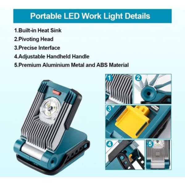LED Arbetslampa Portabel Spotlight, 420LM 9W Byggarbetsplatsbelysning Kompatibel med Makita Drivna Arbetslampor, Sladdlös Nödbelysning Utomhus Inomhus Säkerhet Li
