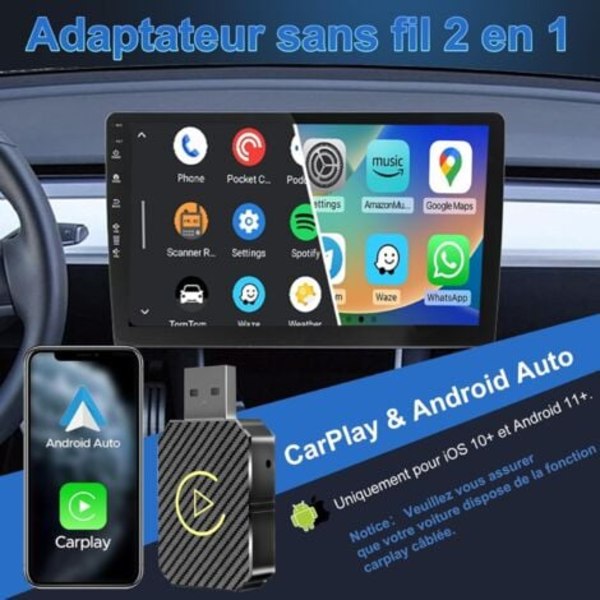 Langaton Android Auto & Langaton Carplay -adapteri, 2-in-1 langaton Carplay- ja Android Auto -adapteri autoon, yhteensopiva autojen kanssa, joissa on