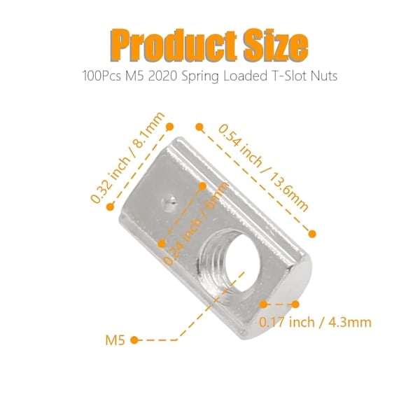 M5 Fjær-T-Mutter 2020 Aluminium Ekstrudering T-Muttere (100 stk)