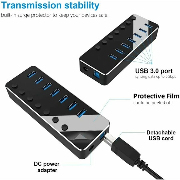 XJ-CCTV-kabel og adapter Aktiv USB 3.0 Hub med 7 porte