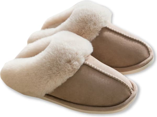 Fluffiga öppna tofflor för dam och herr med plyschfoder och halkfri sula - Khaki - Storlek 40/41