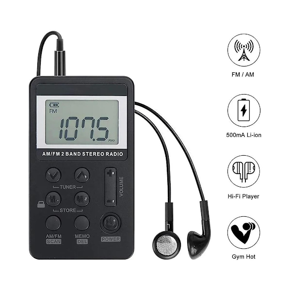 XJ-Bärbar Radio FM/AM Dubbelband Stereo Digital Bärbar Mini Radio Mottagare Med LCD-Display Uppladdningsbar