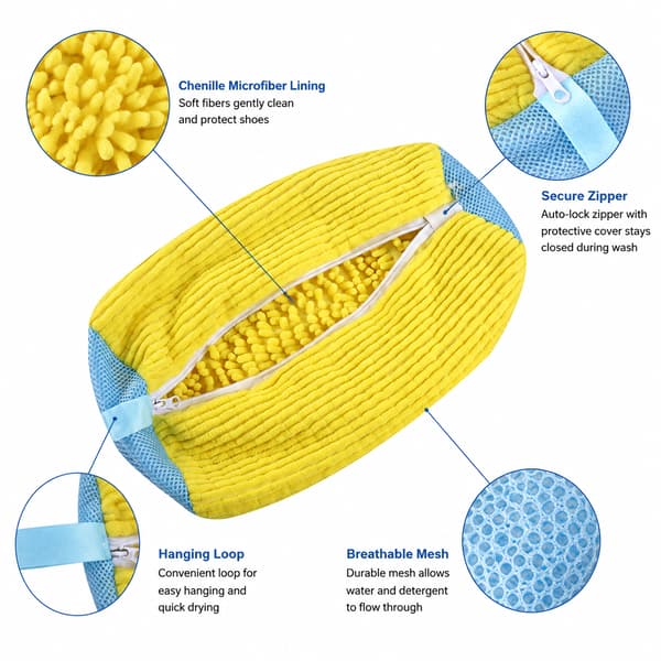 2-pack gula chenille skotvättmaskinspåsar, vadderade blixtlåsförsedda sneaker-tvättpåsar med fluffigt mikrofiberfoder för träningsskor yellow