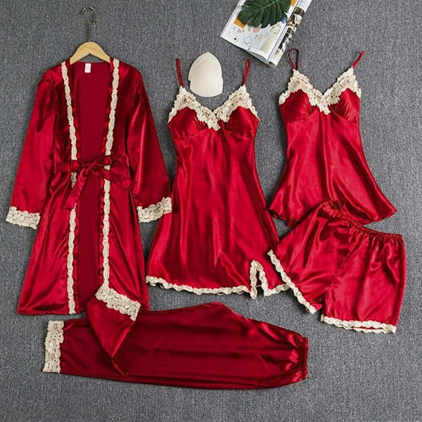 Oloasusetti Elegantti satiinipitsi-pyjamasetti nauhakiristyksellä vyötäröllä, 5-osainen yöasusettti naisille, silkkinen yöpaita mukavuutta varten