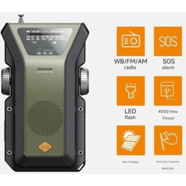 Nödradioutrustning, bärbar AM/FM/WB (NOAA) väderradio, 4 000 mAh, Type-C/solcell/vev, 3 laddningslägen, SOS-larm