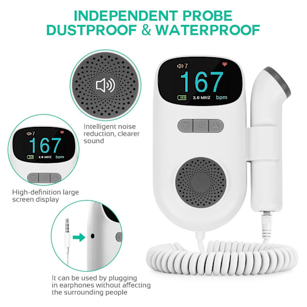 Fetal Doppler Säker Pålitlig LCD-skärm Högkänslig Ultraljudsdisplay FHR Inbyggd Högtalare BT