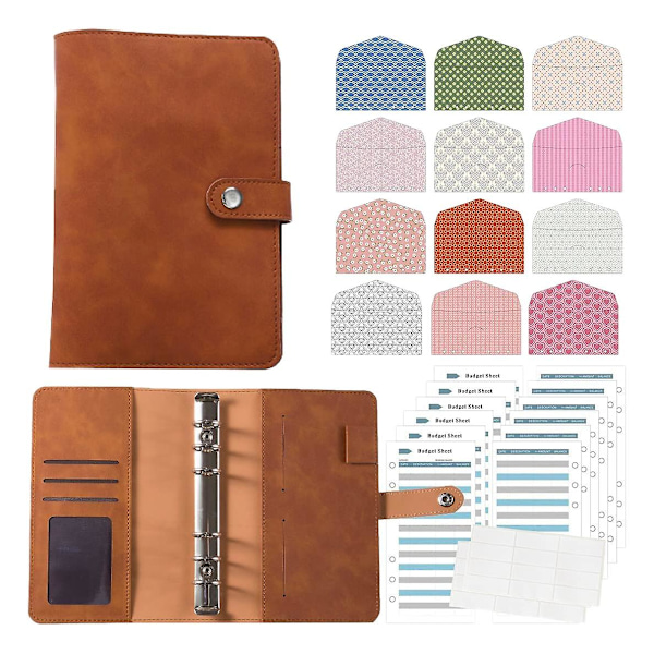 XJ-A6 6-rings ringbind Budget Cover Organizer A6 Ringbind Udgiftsbudgetark til pengebesparende kontantkuvertsystem Brun