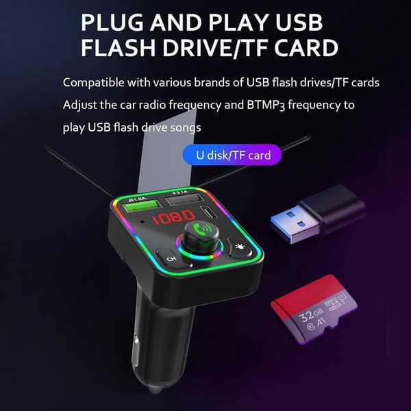 Bluetooth FM-transmitter til bil med støjreduktion, håndfri opkald, musikstreaming, dobbelt USB-oplader, LED-display, sort