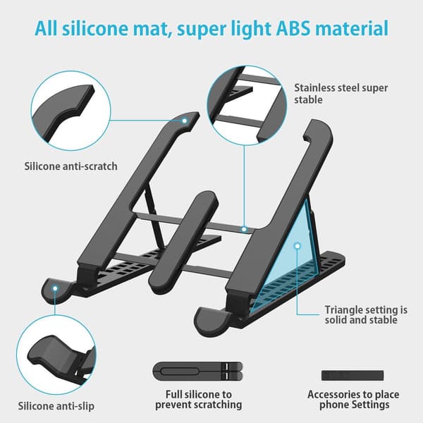 Justerbart laptopstativ, foldbart aluminiumslegering og ABS, ventileret skridsikkert til rejser og hjemmekontor, 6–15,6 tommer laptops