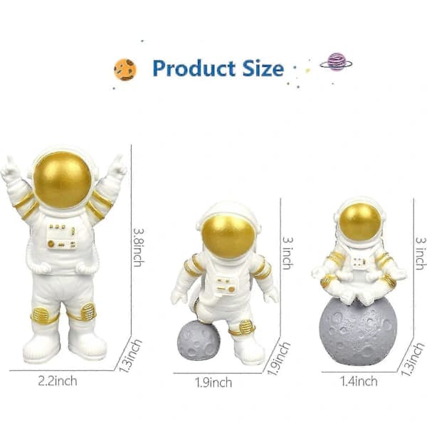 [3 stk.] Astronautfigurer Kakepynt (gyllen)