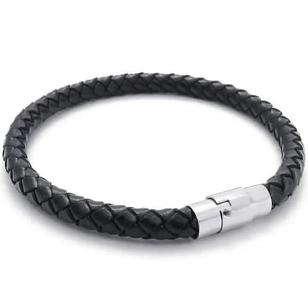 Armbånd i rustfrit stål og flettet læder, til mænd og kvinder, sort - Bredde 6 mm - Længde