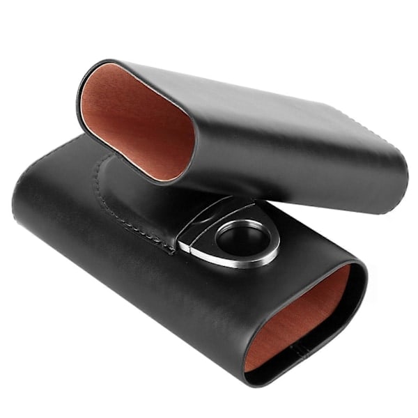 Bärbart cigarrfodral i läder, cederträfodrad cigarrhumidor med cutter (för 3 cigarrer, svart)