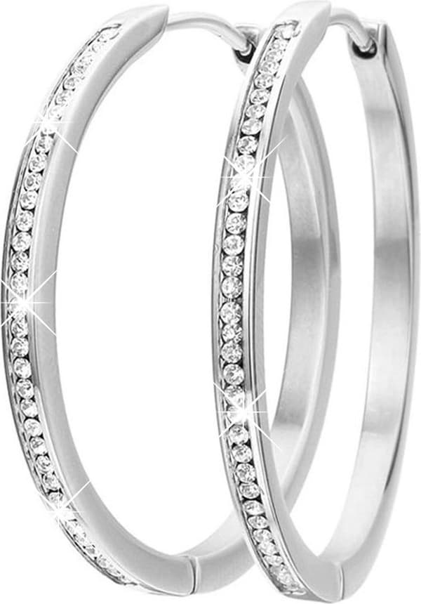 Sølv Krystall Hoop Øredobber for Kvinner, Vanntett Rustfritt Stål, 35mm Runde Rhinestone Hoops, Glitrende Gave til Fest Strand Svømming