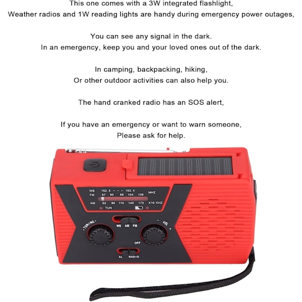 XJ-Nödradiomottagare, solcellsdriven vevradio, väderradio, 2000 mAh powerbank-telefonladdare med ficklampa, läslampa