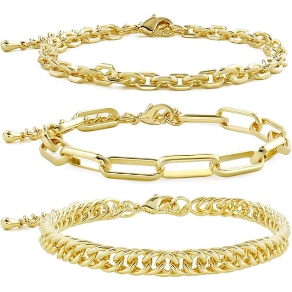 XJ-Guldkædearmbåndssæt til kvinder og piger 14K guldbelagte fine led Papirclips Armbånd Stake Justerbart Lagdelt Metal Led Armbåndssæt
