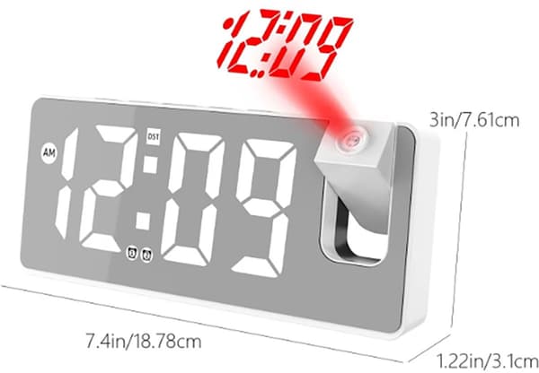 Digital projektionsväckarklocka med dubbla alarm, snooze och stor LED-display för sovrum, barn, äldre, gråvit
